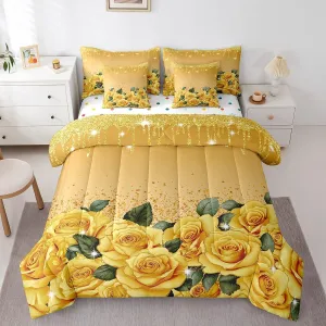 Yellow Rose 7 Piece Comforter Set Full Bed in a Bag,Diamond Crystal Fluid Art Bedding Set Abstract Ombre Sheet Set with Comforter Romantic Garden Flowers Bed Set,Boho Floral Bohemian Decor