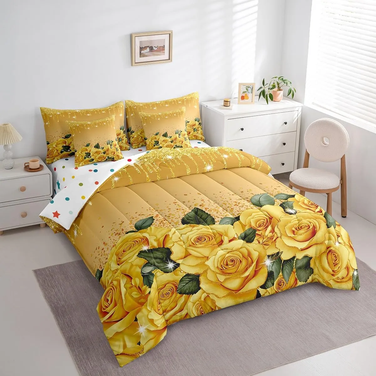 Yellow Rose 7 Piece Comforter Set Full Bed in a Bag,Diamond Crystal Fluid Art Bedding Set Abstract Ombre Sheet Set with Comforter Romantic Garden Flowers Bed Set,Boho Floral Bohemian Decor