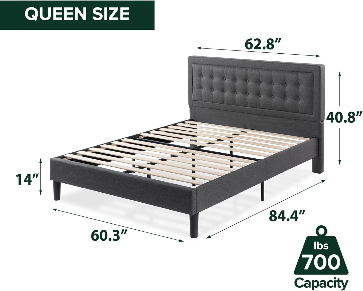 ZINUS Dachelle Upholstered Platform Bed Frame, Mattress Foundation, Wood Slat Support, No Box Spring Needed, Eco Friendly WonderBox (TM) Packaging, Easy Assembly, Dark Grey, Queen