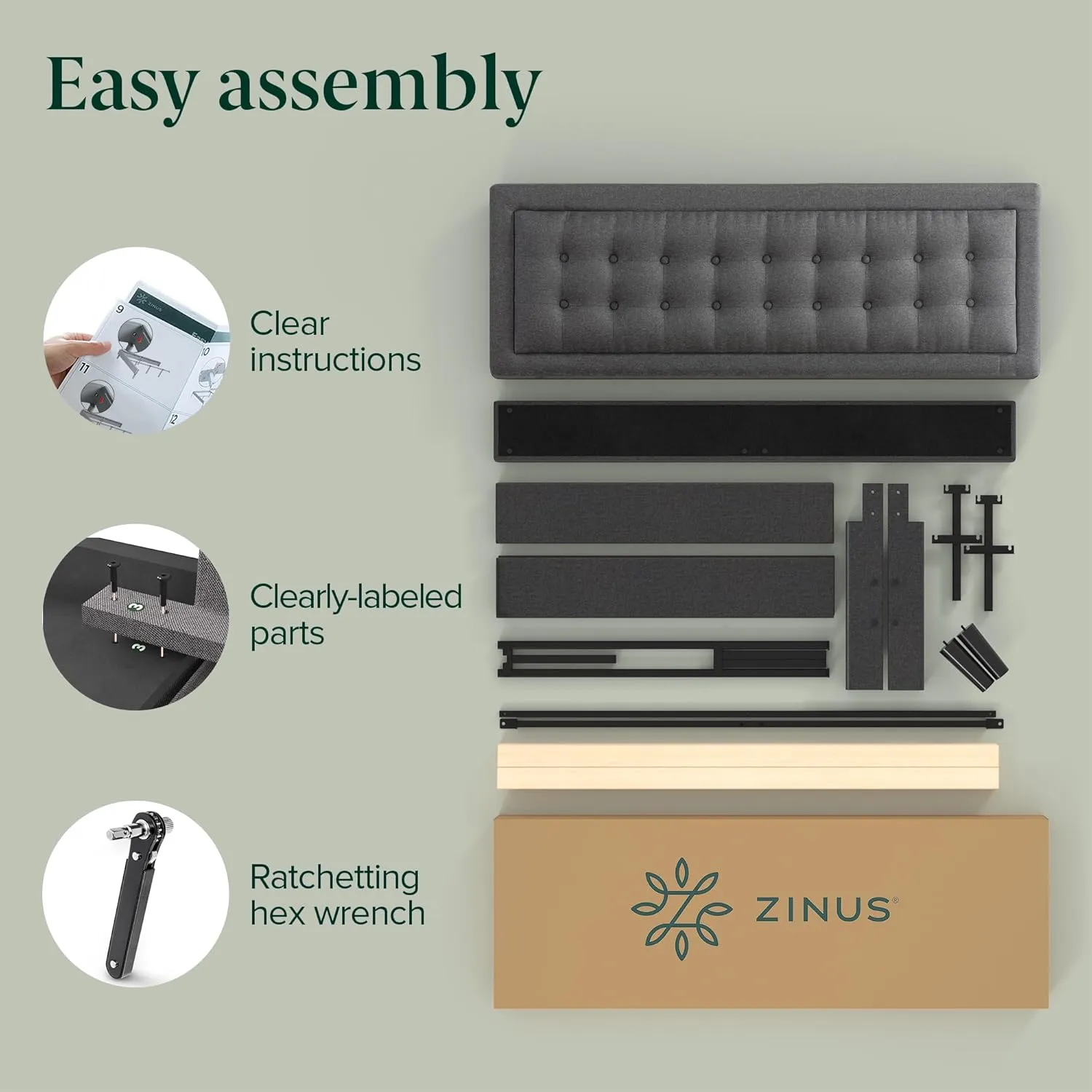 ZINUS Dachelle Upholstered Platform Bed Frame, Mattress Foundation, Wood Slat Support, No Box Spring Needed, Eco Friendly WonderBox (TM) Packaging, Easy Assembly, Dark Grey, Queen