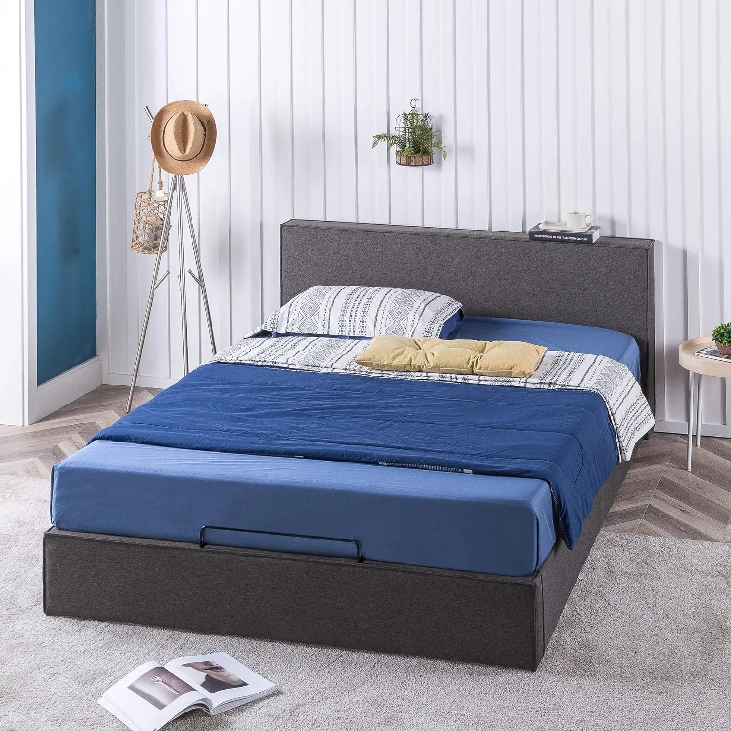 ZINUS Finley Upholstered Platform Bed Frame with Lifting Storage, Hydraulic Lifting Under Bed Storage, No Box Spring Needed, Easy Assembly, Full