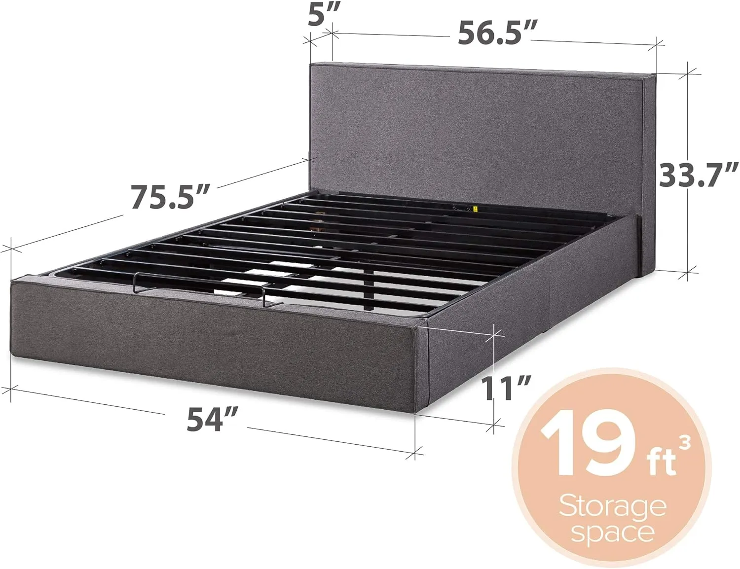 ZINUS Finley Upholstered Platform Bed Frame with Lifting Storage, Hydraulic Lifting Under Bed Storage, No Box Spring Needed, Easy Assembly, Full