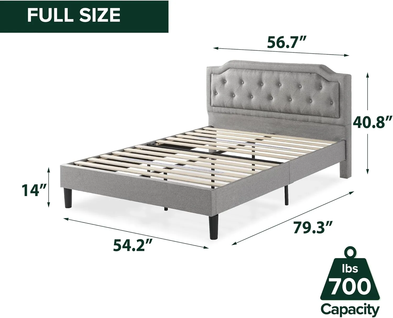 ZINUS Kellen Upholstered Scalloped Platform Bed Frame, Mattress Foundation, Wood Slat Support, No Box Spring Needed, Eco Friendly WonderBox (TM), Easy Assembly, Dark Grey, Full